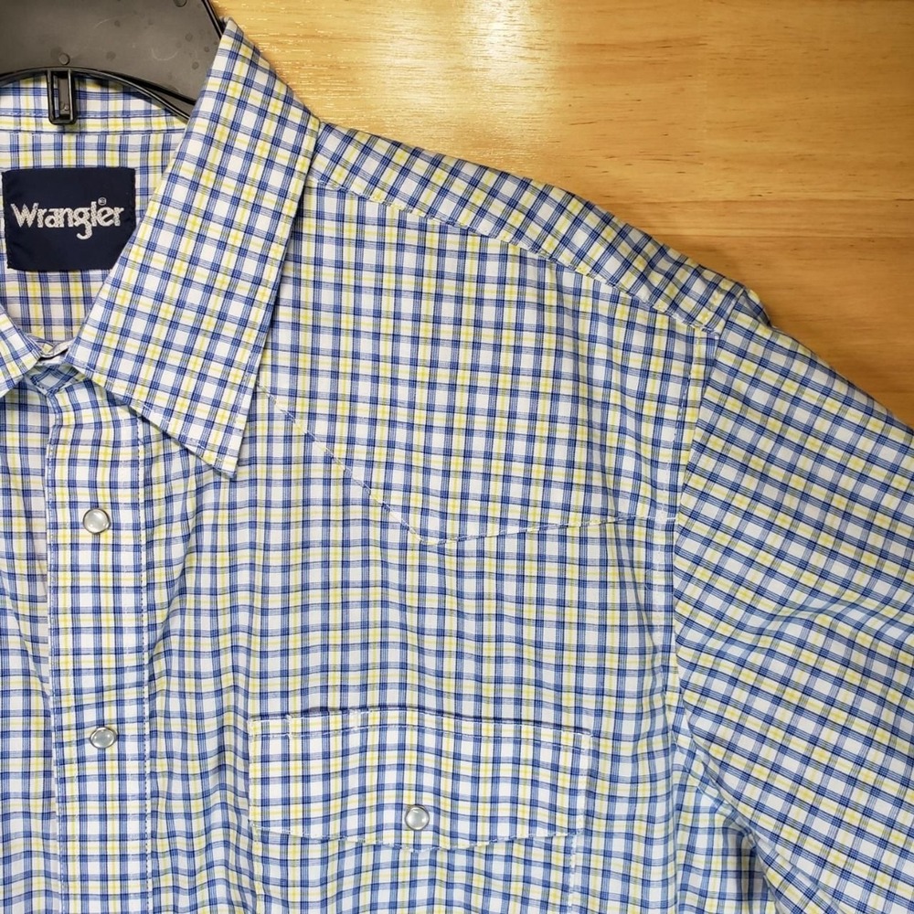 Wrangler Men's Short Sleeve Snap Shirt XL Blue Yellow Plaid